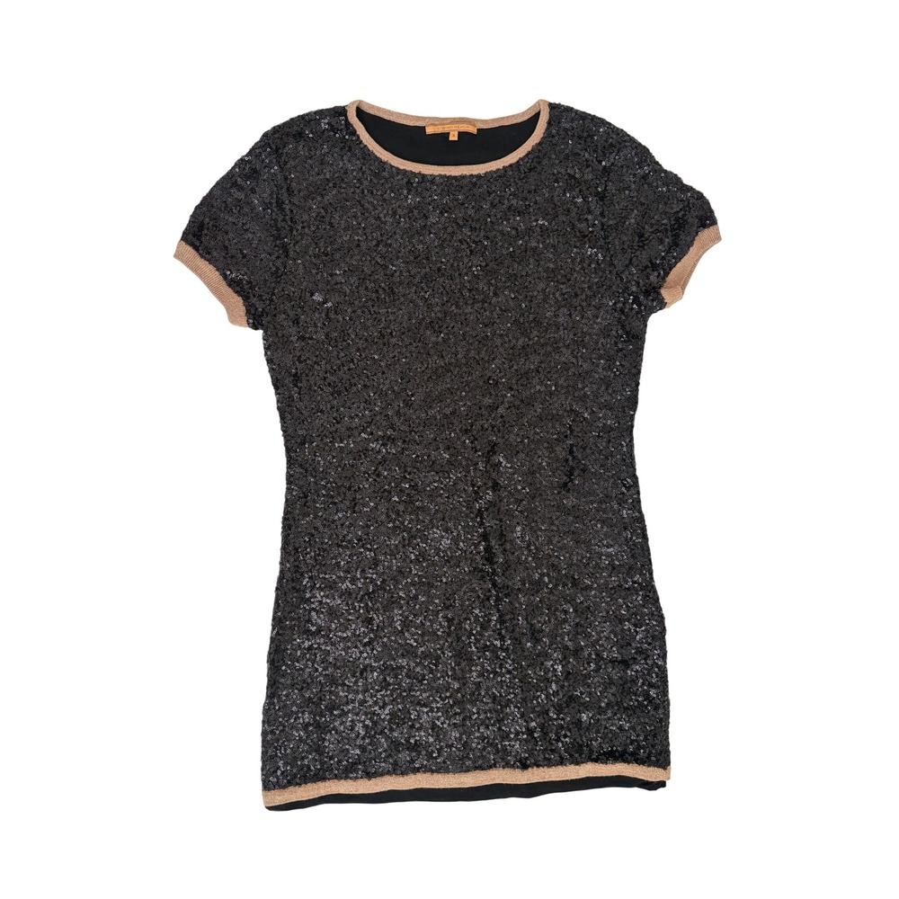 Silvian Heach Black Sequin Mini Dress Short Sleeve Rose Gold Trim Size S